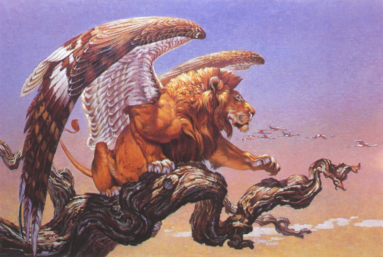 Мифический лев с головой. Грифон крылатый Лев. Мифологическое существо крылатый Лев. Лев с крыльями. Картины фэнтези.